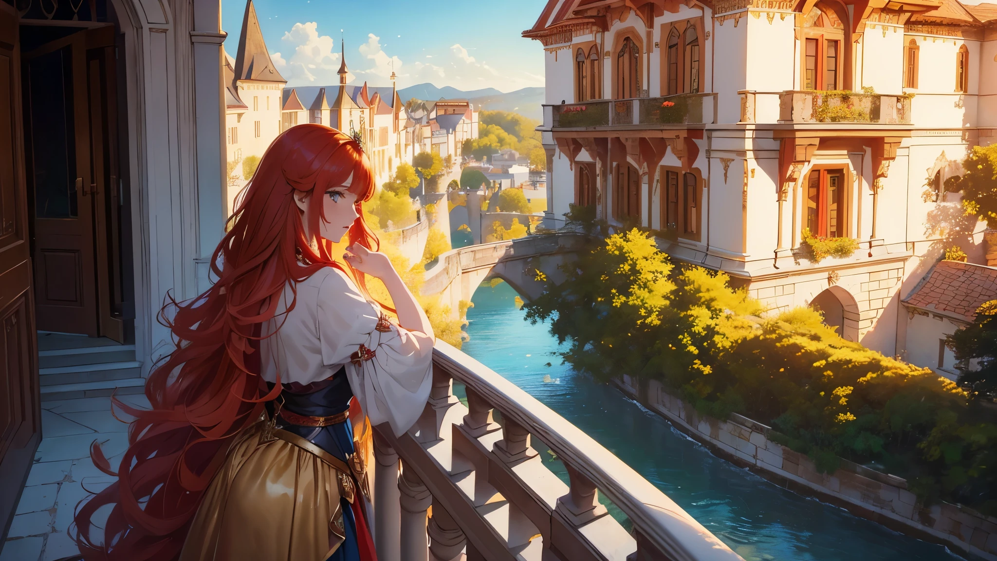 (a beautiful red-haired princess, sideways, on the balcony of a castle, looking at the horizon), (oil painting), (bright colors, exuberant details of the surroundings, details of life around the entire work), (hair long and flowing), (golden sunlight), (bright summer vibes)