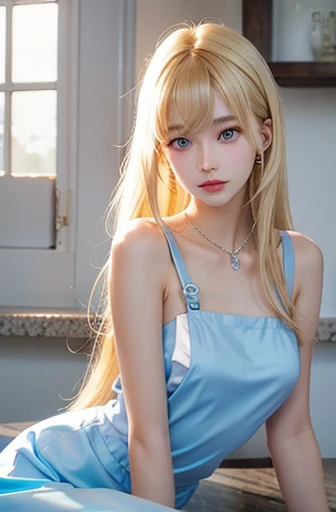 Top quality, super high resolution, photo, ultimate beauty, bright beautiful cute beautiful slender, girl photo, Alice and wonderland, detailed face, (PureErosface_V1:0.008), shiny white beautiful glossy skin, Japanese, Asian, 18 years old, beautiful bright artificial blonde, beautiful bangs, silky super long straight hair, shining big beautiful light blue eyes, white apron, skimpy dress, bare shoulders, bare arms