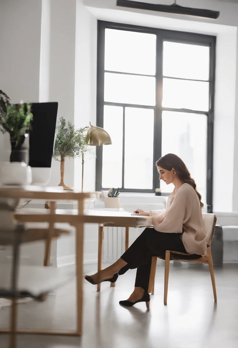 Image for a social media post, a well-lit office, with a 40-year-old, professionally successful woman writing.