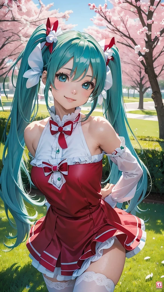 Super detailed, NSFW, masterpiece, High resolution, Photorealistic digital art, perfect lighting, (((1 girl, perfect anatomy))), accurate right hand, accurate left hand, five fingers, perfect style, shy smile, (hatsune miku,) 3d face, big light blue-green eyes, glossy lips, blue-green long hair, shiny skin, smile, (((twin tails))), big square hair accessories, ((Sakura)), Red dress, Focus on the groin, outdoor,