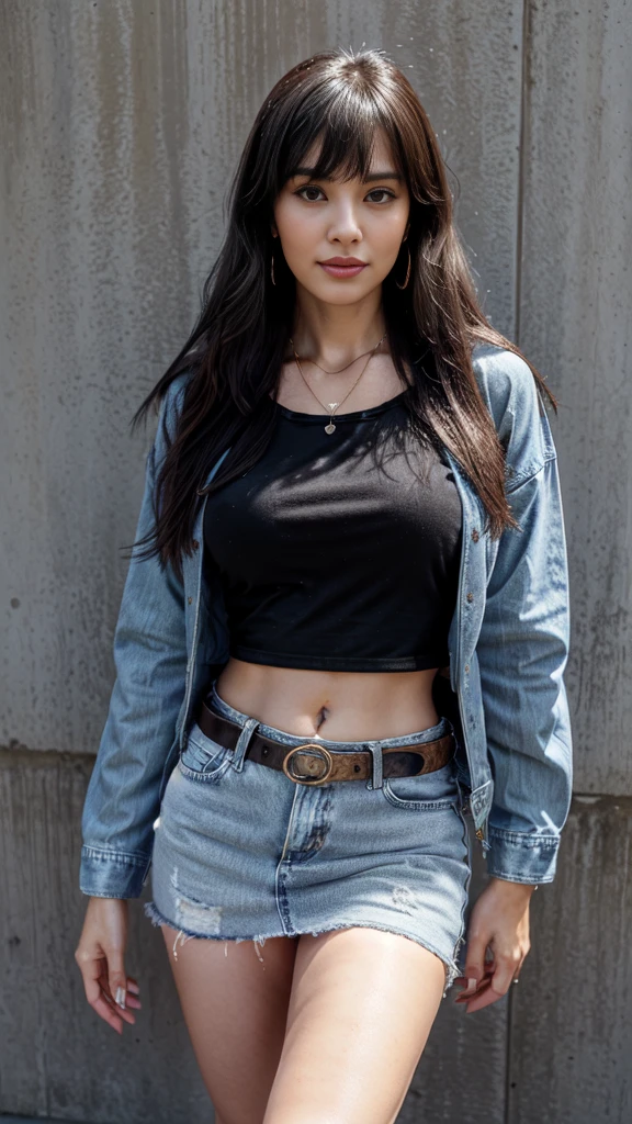 1woman 30year old, solo, long straight black hair, bangs,looking at viewer, detailed eyes, shy smile,jewelry, medium breasts, earrings,belt, blue denim jacket over tight white t-shirt,mini skirt,necklace, bracelet, lips,((dynamic pose)), ((dynamic angle)),