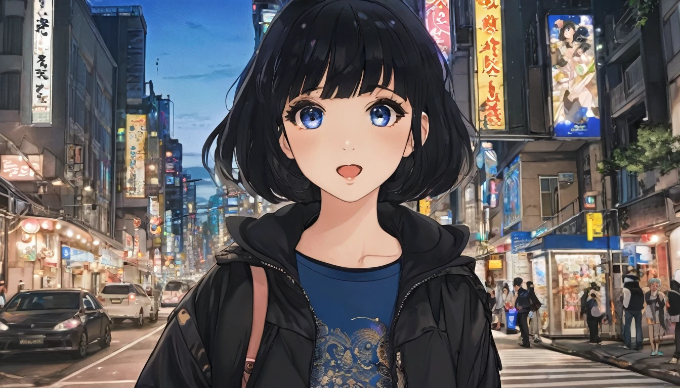 (best quality, masterpiece), 1girl, intricate details, beautiful detailed face, provoking, looking at viewer, night city, blush, open mouth, black hair, short hair, blunt bangs, happy, standing, cowboy shot, instagram photo, big anime figure in the middle of street, figure of anime girl with short black hair, black eyes, black clothes, cute, blue color palette