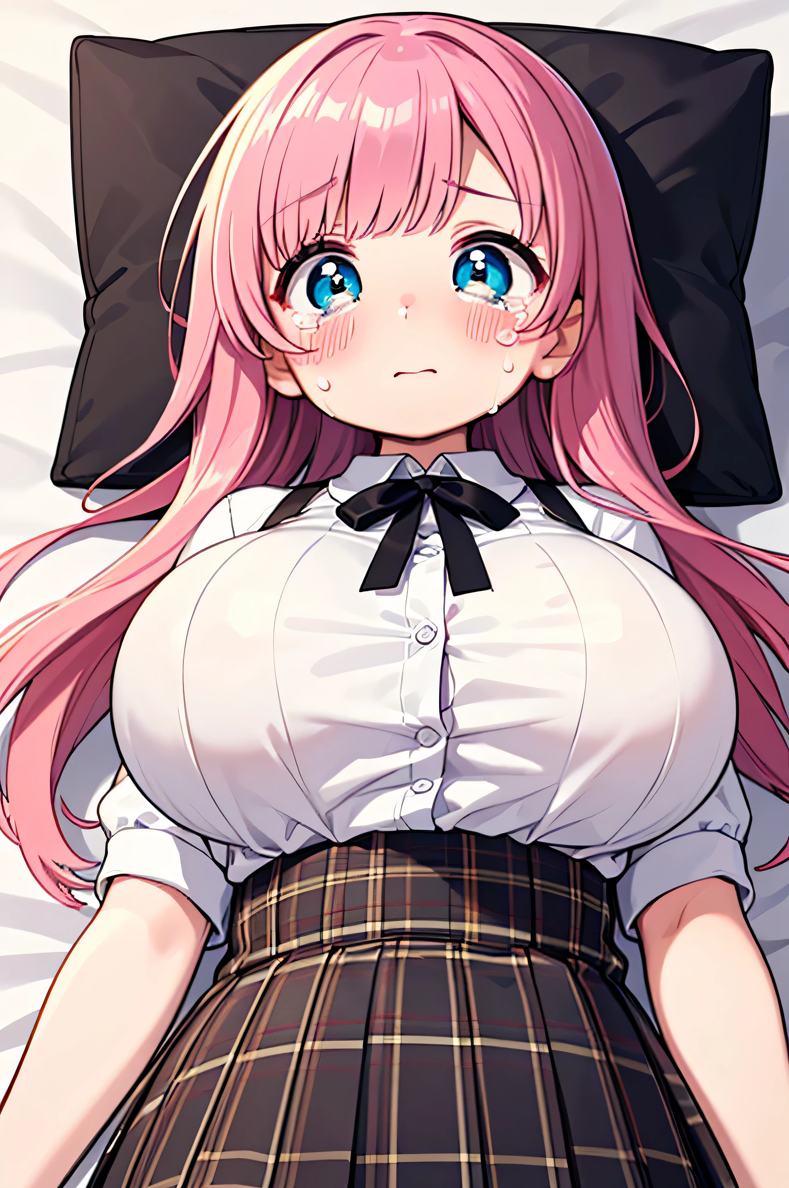 (masterpiece,High resolution,high quality,Very detailed,8K),(((Perfect Eyes,Fine grain,Beautiful Eyes:1.2))),(((Very large breasts))),(((Bursting Breasts))),(Narrow waist),(Fine hand),(((Young Face,blush,Embarrassing,Are crying,Scared))),(Pink Hair,Smooth Hair),((Even bangs)),((Lying on the sheets,Looking at the camera)),(White shirt,plaid mini skirt),(((looking down from the front,upper body diagram))),