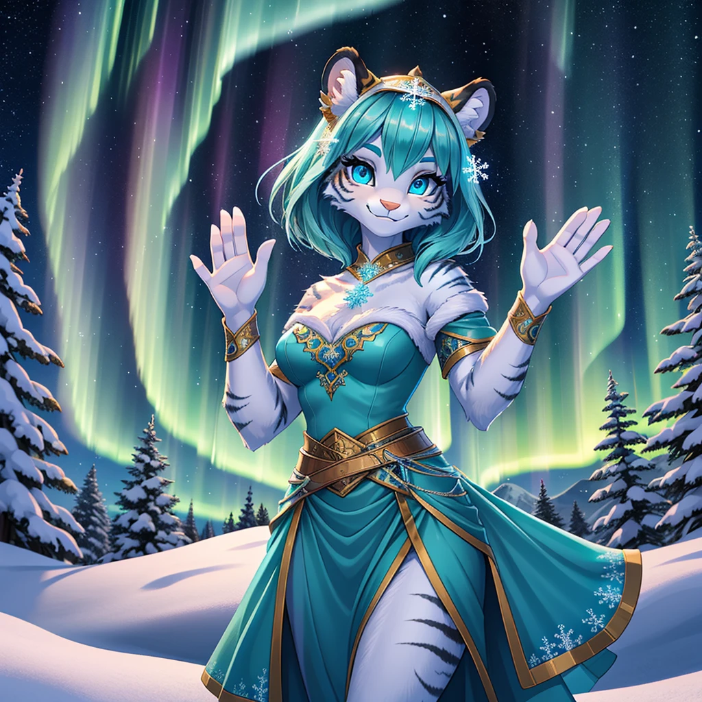 high quality digital art, fantasy style art, a white heroic female anthropomorphic tiger, white fur, healthy shapely and skinny body, blue eyes, eyelashes, wearing a teal dress with ice and snowflake designs, smiling, waving snowflake magic with her hands, on a snowy mountaintop, aurora borealis