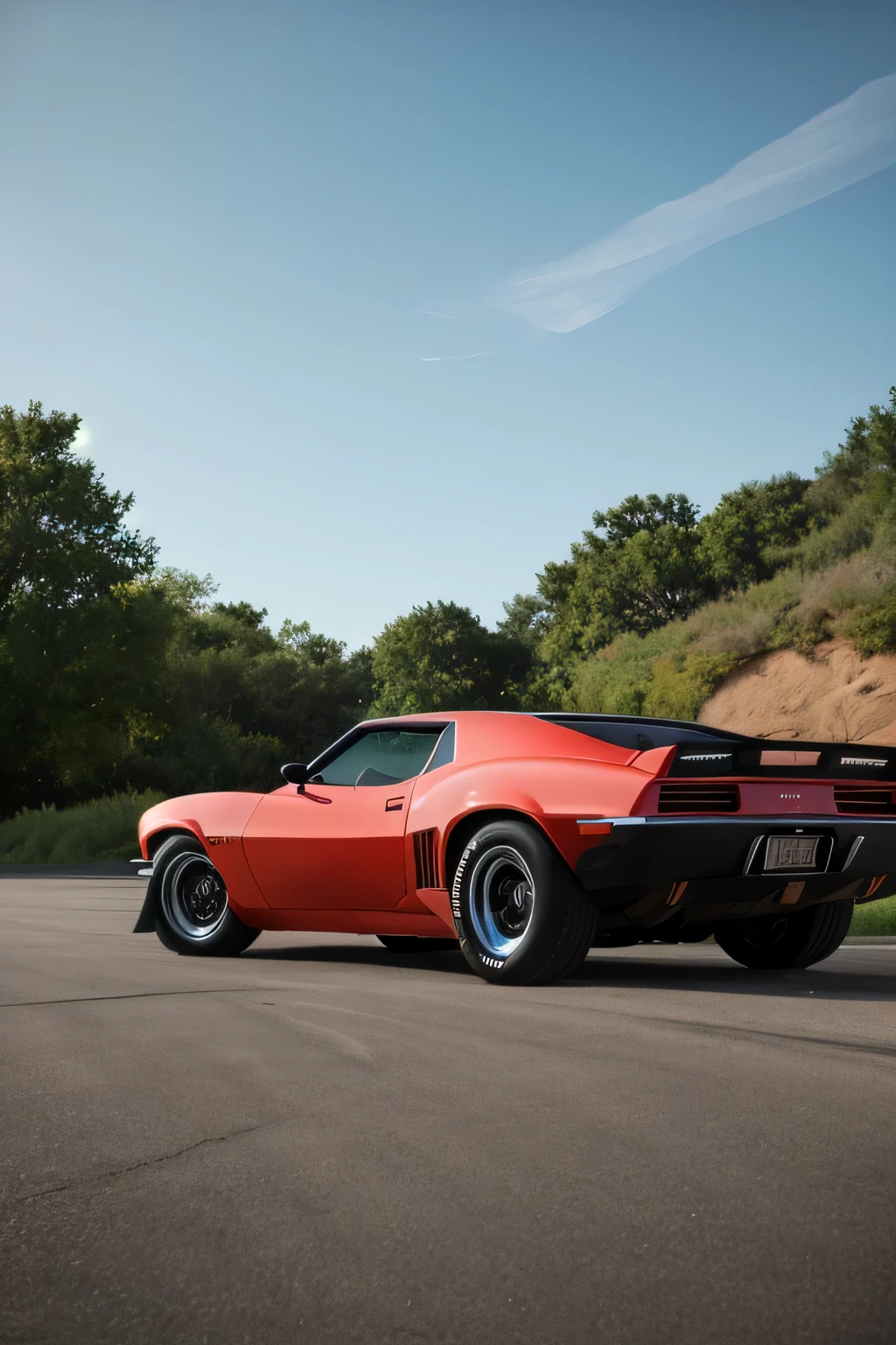 One car, looks like a 1970 chevrolet Camaro z-28 blended with a 2022 Lamborghini adventador as one car , profile view (masterpiece:1.2) (photorealistic:1.2) (bokeh) (best quality) (detailed skin) (intricate) (8k) (HDR) (cinematic lighting) (sharp focus) one car