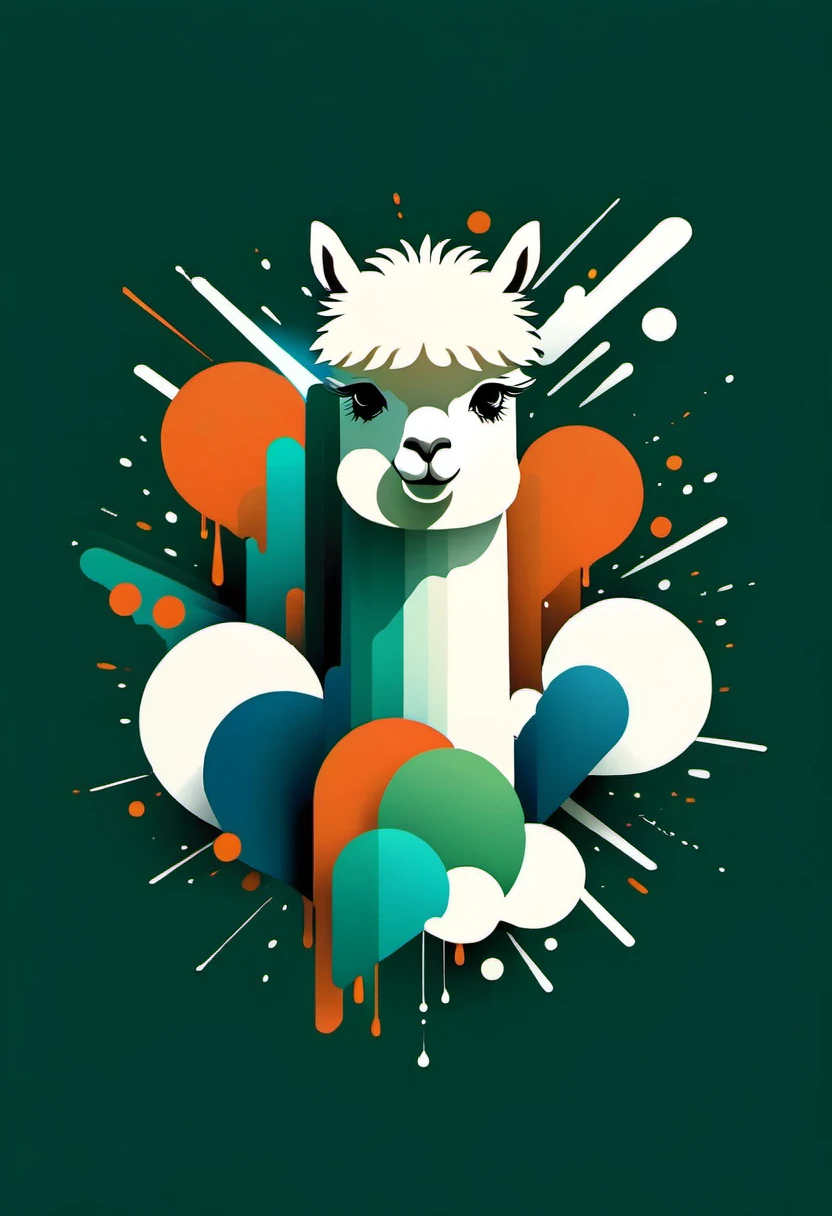Vector art minimalist logo illustration cute alpaca vector art type,Background dark green blue white paint explosion explosion detailed, Beautiful artistic rendering in clean minimalist cartoon style