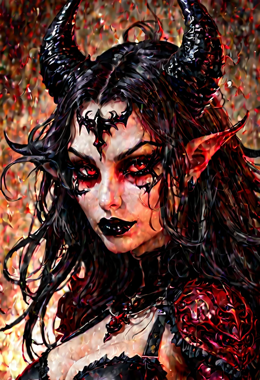 Realistic Beautyfull evil demonic sexy demented devil women,beautiful seductive facial expression,gorgeous facial features, highly detailed red skin, large curled devil horns, think curved jet black eyebrows, long luscious eyelashes, thick black eyeliner, jet black eye shadow, thick jet black lipstick,large hyper realistic detailed red eye, thin detailed little nose, high cheek bones, Cleft chin,small areolas,small perky darkred nipples,  large voluptuous curved breasts, elegant figure, seductive hips, demonic devil outfit, large detailed demon wings,