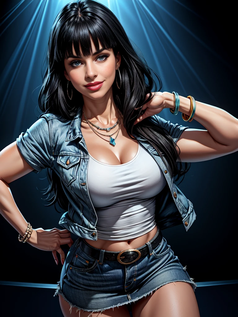 1woman 30year old, solo, long straight black hair, bangs,looking at viewer, detailed eyes, shy smile,jewelry, medium breasts, earrings,belt, blue denim jacket over tight white t-shirt,mini skirt,necklace, bracelet, lips,((dynamic pose)), ((dynamic angle)),