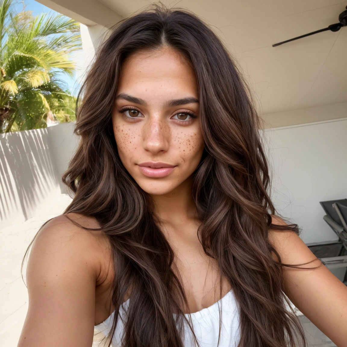 Instagram photo of a Hispanic American, Long brunette hair, 20 years, hazel eyes, high cheekbones, sun-kissed complexion, freckles, Toned