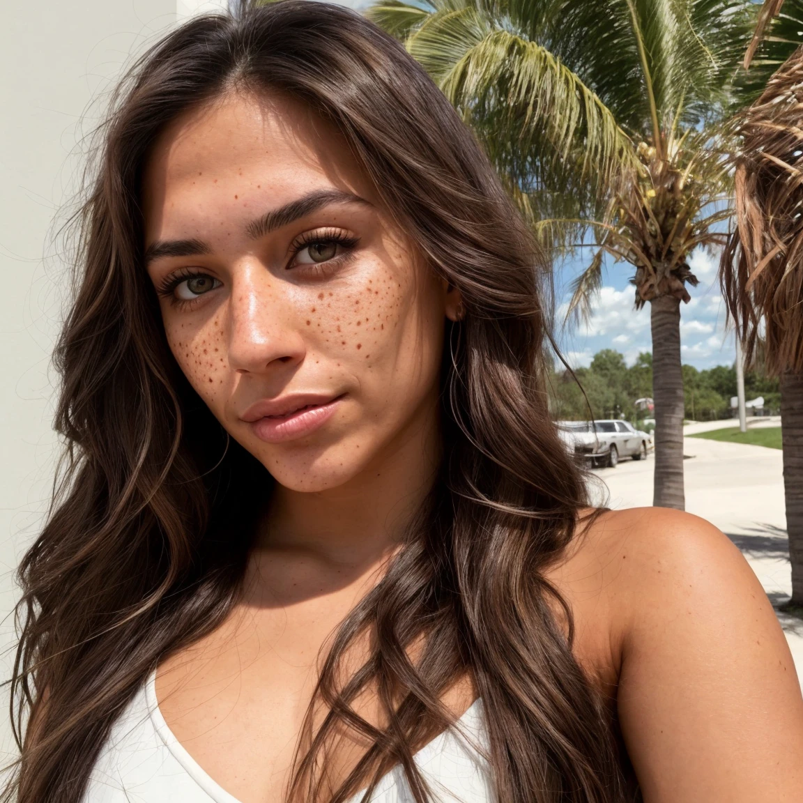 Instagram photo of a Hispanic American, Long brunette hair, 20 years, hazel eyes, high cheekbones, sun-kissed complexion, freckles, Toned
