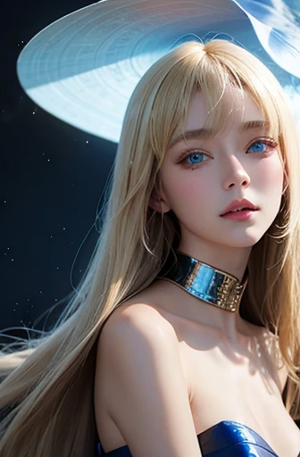 Top quality, super high resolution, photo, ultimate beauty, bright beautiful cute beautiful slender, girl photo, fantasy witch, detailed face, (PureErosface_V1:0.008), shiny white beautiful glossy skin, Japanese, Asian, 18 years old, beautiful bright artificial blonde, beautiful bangs, silky super long straight hair, shining big beautiful light blue eyes, low-cut skimpy witch outfit, bare shoulders, bare arms