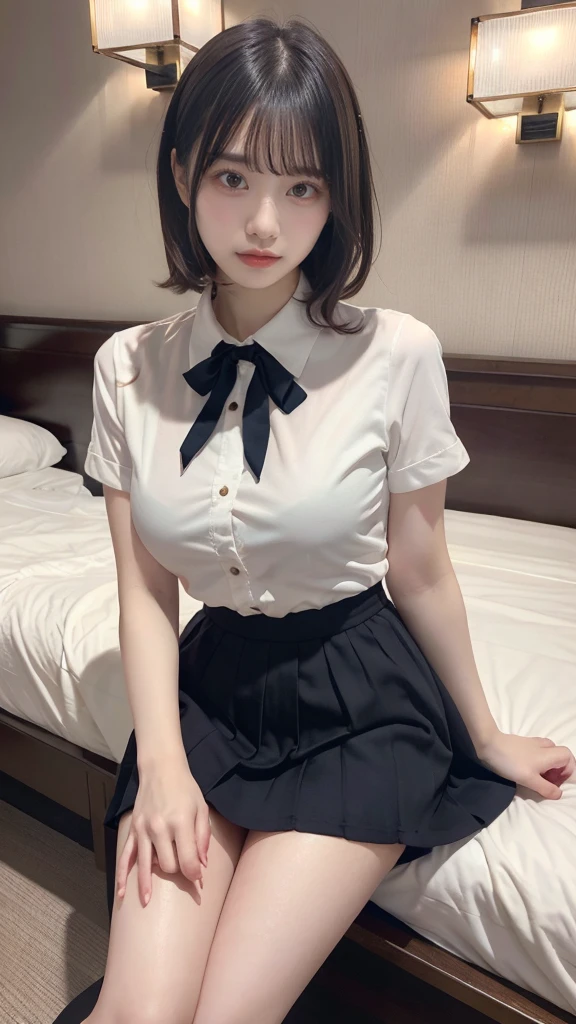 muste piece, best quality, illustration, Super detailed, fine details, High resolution, 8K,wall paper, perfect dynamic composition,(Details High quality, realistic depiction of eyes:1.3), (collared shirt:1.1), pleated skirt, big breasts, short bob hair、black hair color, Big Natural Color Lip, bold sexy pose, crying a little、cold gaze, Harajuku style、20 year old girl、cute type、lolita、beautiful legs, hotel room, gravure idol, Voluptuous thighs