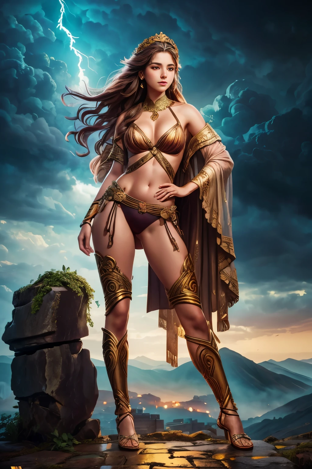 Surreal art of a beautiful woman embodying the goddess of the sky, standing on an ancient ruin wall, her long brown hair with bright golden locks fluttering in the stormy air as the spectacular setting sun paints the sky with red clouds. Dark clouds intertwined with lightning and a gentle drizzle, watercolor style masterpiece with an effect that creates a stormy sky, transparent swimsuit underwear, ancient Greek city blurred in the distance, ancient city in the distant fog, girl on high mountain to see the valley, goddess dressed in gold jewelry, a girl from the front looking to the side, poses on a stone wall covered with ivy, stands on a stone wall, 8k resolution, high quality art, pose of a lady in motion, elegant, high quality film poster, overexposure of elements, fracture, girl on high mountain observing the distant valley,