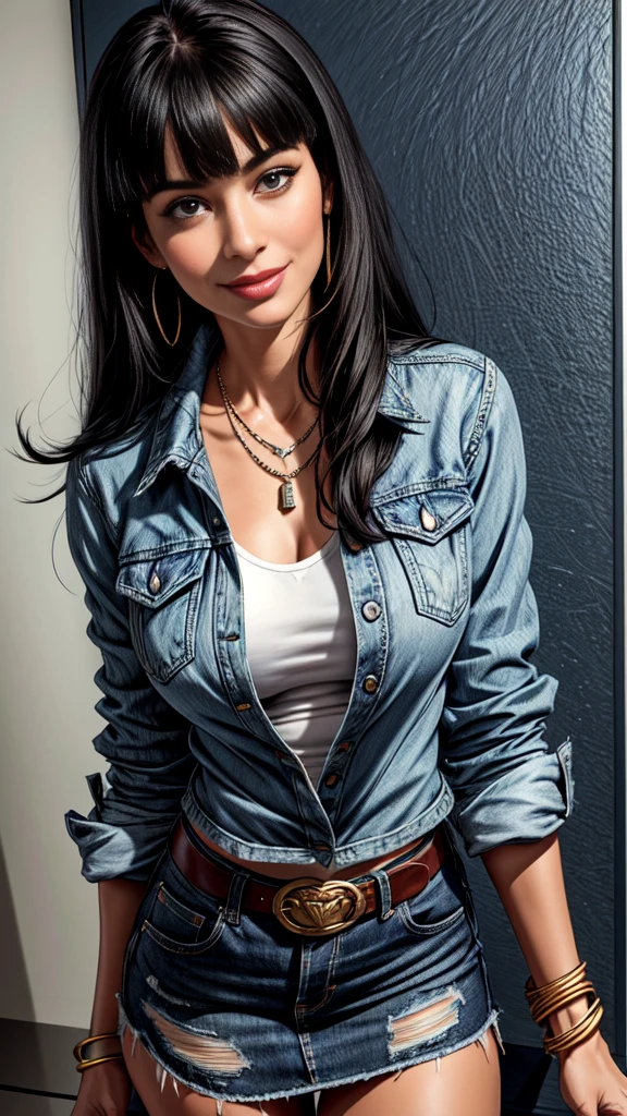 1woman 30year old, solo, long straight black hair, bangs,looking at viewer, detailed eyes, shy smile,jewelry, medium breasts, earrings,belt, blue denim jacket over tight white t-shirt,mini skirt,necklace, bracelet, lips,((dynamic angle)),