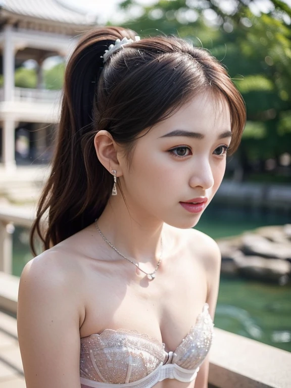 ((((8k))),((Extremely meticulous CG)) ,(wallpaper),16k,((Extremely refined and beautiful)),(((Masterpiece))),(((best qualtiy))),(((Ultra High Resolution))),beautiful light up,Perfect lightning,realistic shaded,((high resolution)),(Smooth and flawless skin:1.5),(Extremely exquisite facial details:1.2),(perfect body:1.2),(ultra-detailed),((A beautiful girl,solo)),(small head:1.2),(pale skin:1.3),(short ponytail:1.2),(earrings:1.2),(small face:1.2),(baby face:1.5),(Exquisite makeup:1.2),(),(),(blush:1.3),((slim,thin)),(laughing:1.2),(happy:1.2),(necklace:1.2),(bare shoulders:1.3),(shoulder off:1.3),(strapless silver-white bra:1.5),(small breasts:1.2),(day scene:1.5),(beside the lake:1.3),(outdoor:1.3),(Chinese architecture:1.2),((Stone arch bridge,pavilion,boats,distant tower)),(white flowers are in full bloom:1.2),(detailed background:1.4),(early spring:1.3),(standing:1.3),(close-up of face:1.3),(from front:1.2), sexy belly