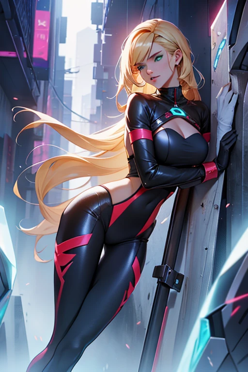 ((Best quality)), ((masterpiece)), (detailed: 1.4), (Absurd), Hot woman fighter pilot ready for war, (((back))), (((perfect ass))), dark skin, (((flash dc comics)))), lightning and lightning, muscular sculptural body defined, (((full body))), half-thick naked thighs, closed mouth, muscular body covered in technological clothing, Neon Genesis Evangelion style, cyberpunk, generous neckline, ((perfect medium breasts)), (black eyes without pupils), ((totally white clothing with red rays)), (((short straight light blonde hair with heavy bangs on the forehead)))), long and black eyelashes heavy makeup, garter belt, by mucha, niji --V5, close to real, psychopath, crazy face, sexy pose, red and white background, 2 pieces clothing, pastel, centered, scale to fit the dimensions, HDR (High Dynamic Range),Ray Tracing, NVIDIA RTX,Super-Resolution,Unreal 5,Subsurface Dispersion, PBR Texture, Post-processing, Anisotropic filtering, Depth of field, Maximum clarity and sharpness, Multilayer textures, Albedo and specular maps, Surface shading, Accurate simulation of light-material interaction, Perfect proportions, Octane Render, Two-tone lighting, Wide aperture, Low ISO, White balance, Rule of thirds, 8K RAW, crysisnanosuit