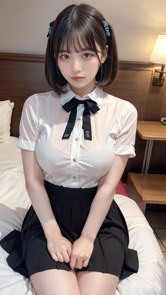 muste piece, best quality, illustration, Super detailed, fine details, High resolution, 8K,wall paper, perfect dynamic composition,(Details High quality, realistic depiction of eyes:1.3), (collared shirt:1.1), pleated skirt, big breasts, short bob hair、black hair color, Big Natural Color Lip, bold sexy pose, crying a little、cold gaze, Harajuku style、20 year old girl、cute type、lolita、beautiful legs, hotel room, gravure idol, Voluptuous thighs