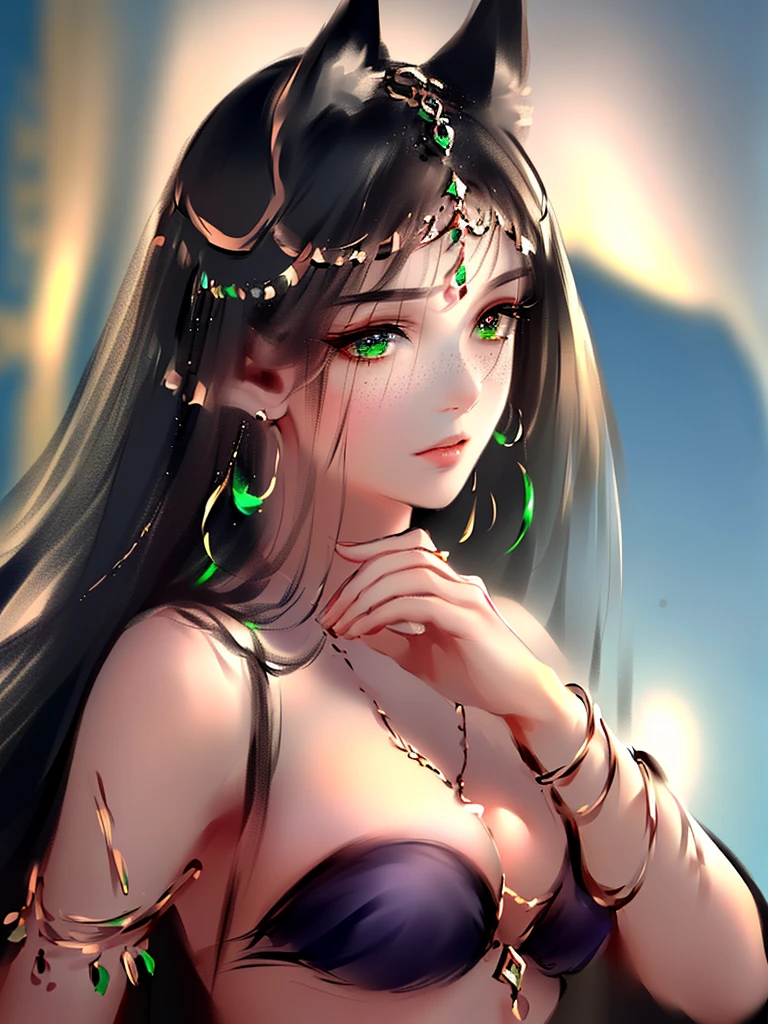 very good illustration, High detail, dynamic angle, beautiful detailing,2D, (Best quality, masterpiece, Beauty, tenderness), Anime, Highly detailed face, very detailed eyes, very detailed background, Ideal lighting, Whole body, 1 girl, One, (Very detailed cat ears), (Very detailed ears behind the hair)? Goddess Bastet, Ancient Egypt \(Очень подробный Ancient Egyptian\), Very detailed clothes, green eyes, Finely detailed eyes, ears covered with hair, (Very detailed background)