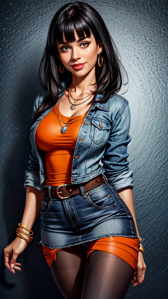 1woman 30year old, solo, long straight black hair, bangs,looking at viewer, detailed eyes, shy smile,jewelry, medium breasts, earrings,belt, blue denim jacket over tight orange t-shirt,mini skirt,pantyhose,necklace, bracelet, lips,((dynamic angle)),