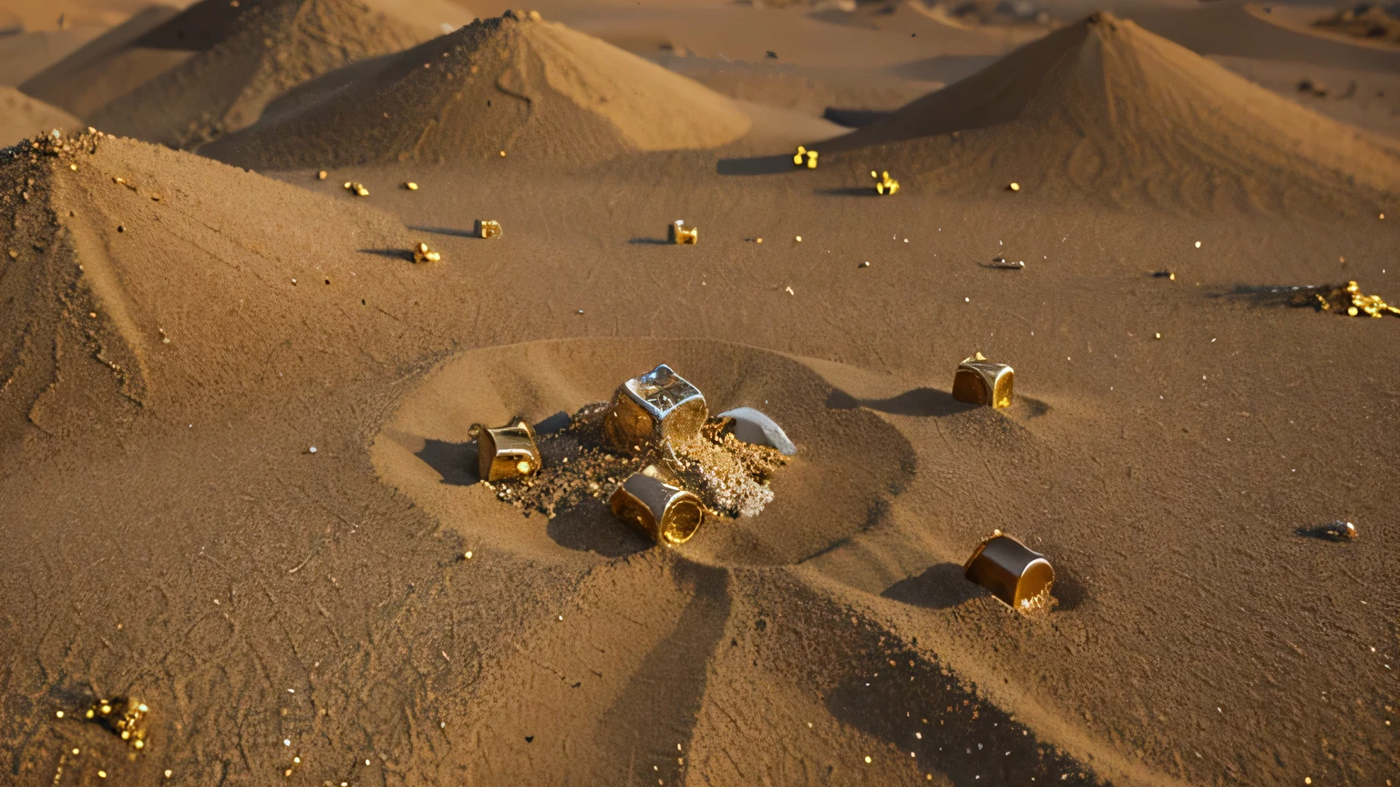 close up of sand, small gold pieces scattered and half buried throughout