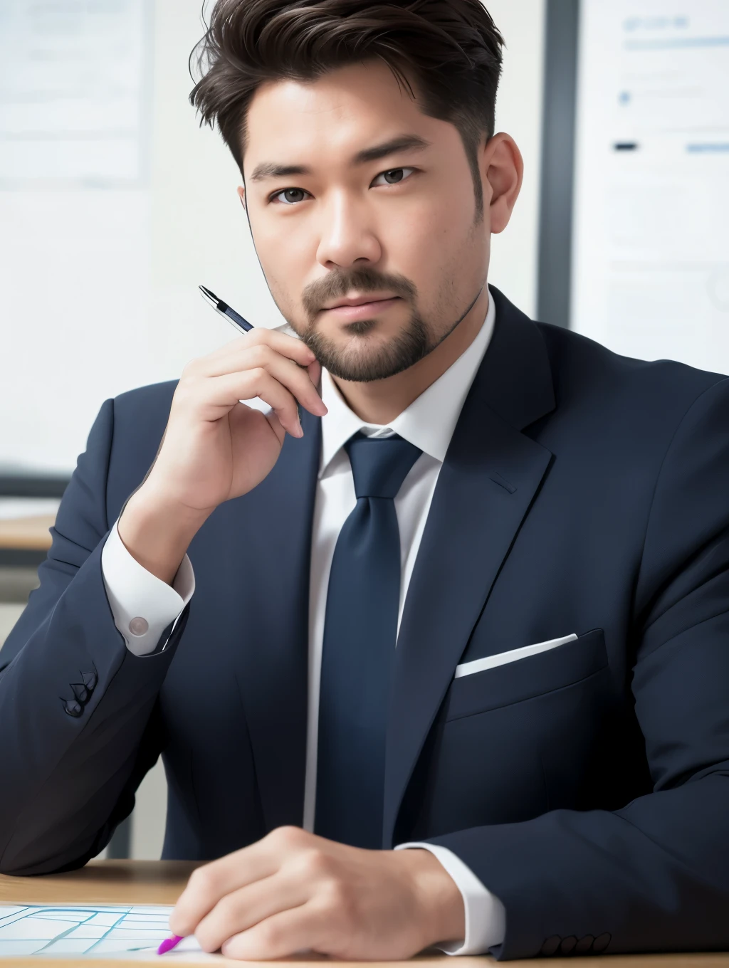 Drawing, A hyper-realistic, 8K, Extremely detailed, in the best quality, A Man,japanes , Unsupervised , in class room ,beautiful man , suits.