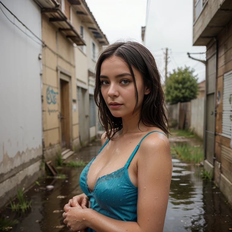 distance shot, full body portrait, rear view, facing away from viewer, adult woman, face hidden, detailed short messy black hair, muscular, solo, walking in water down a city street, water lapping above her ankles, the street is flooded with clear bright blue tropical waters, a shopping district, very dark tan supermodel, beautiful face, legs down, blue eyes, round hips, round buttocks, detailed body, perfect eyes, perfect face, daytime lighting, detailed shadows, HDR, photoreal, well lit, body covered by bra and panties, full body, private parts covered by panties and bra, teasing pose, seductive woman, silk bra, silk panties.