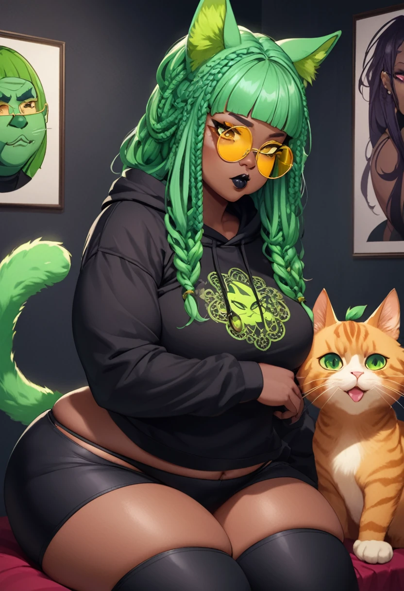 dark skin, brown skin, black femboy, dark skinned femboy, ebony skin, green buns hair, he has green space dreadlocks, green dreadlocks, gold circle glasses, gold glasses, sexy cropped hoodie outfit, goth outfit, plus sized, he is plus sized, thick, curvy, fat, he is fat, curvy, brown skin, big butt, huge butt, thigh high socks, pouting, hazel eyes, dark bedroom background, round face, thigh high socks, big ass, best quality, goth room background, green cat ears, green cat tail, he has cat ears, ahaego face, aheago face, moaning, close up, black lipstick