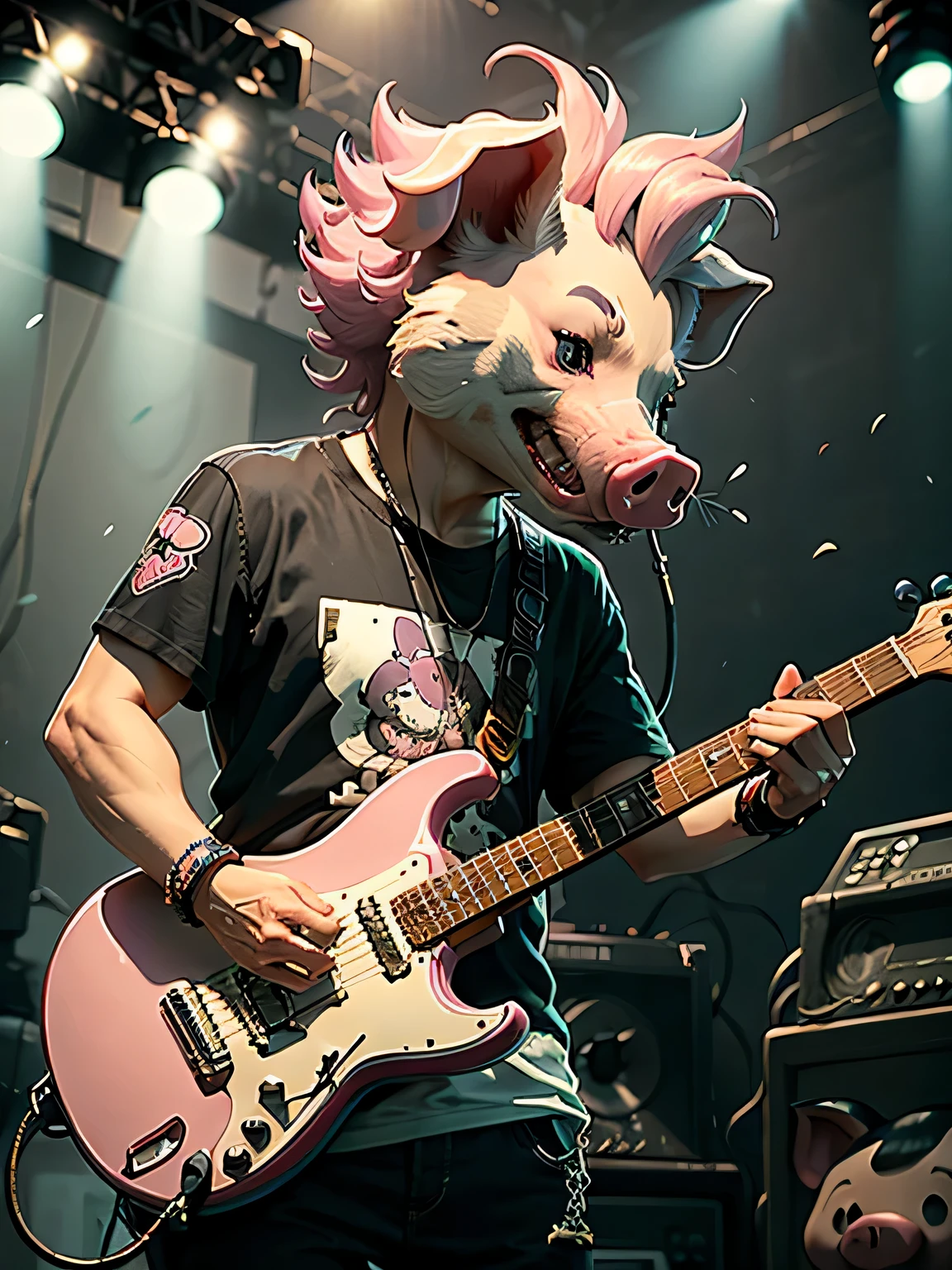 Pig's face、Fucking,Cartoon of a rock singer playing an electric guitar、pig(Intense performance)、My hair is standing up、Pink Hair、pig