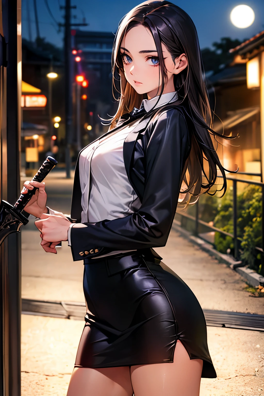 ((Action pose))、((perfect anatomy,realistic:1.3,RAW Photography:1.3,masterpiece、highest quality、Ultra - High resolution、High resolution、Highly detailed CG、8K)),cowboy shot,1 female,solo,18-year-old、High school girl swordsman、18-year-oldの美少女,Japanese,(((beautiful detailed face and eyes:1.3,big gorgeous eyes:1.5,gray eyes,shy))),black hair,long bob hair,(center parted hair,forehead),(medium breasts,slender body,small head:1.3,skinny),((oily skin)),(gleaming skin,shiny skin),(black tight mini skirt、black business suit、White shirt、Black tie),Fighting with Japan swords、Accurately depicted Japanese sword、Back Alley、at night、moonlight、Tokyo、