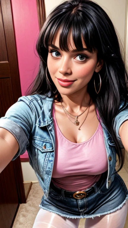 1woman 30year old, solo, long straight black hair, bangs,looking at viewer, detailed eyes, shy smile,jewelry, medium breasts, earrings,belt, blue denim jacket over tight pink t-shirt,mini skirt,sheer white pantyhose,necklace, bracelet, lips,((selfie pose)),((dynamic angle)),