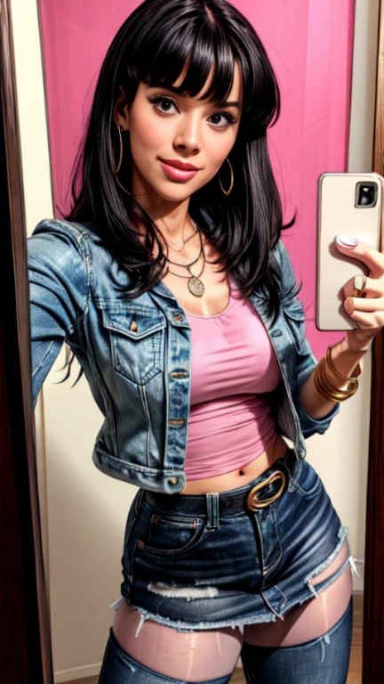 1woman 30year old, solo, long straight black hair, bangs,looking at viewer, detailed eyes, shy smile,jewelry, medium breasts, earrings,belt, blue denim jacket over tight pink t-shirt,mini skirt,sheer white pantyhose,necklace, bracelet, lips,((selfie pose)),((dynamic angle)),