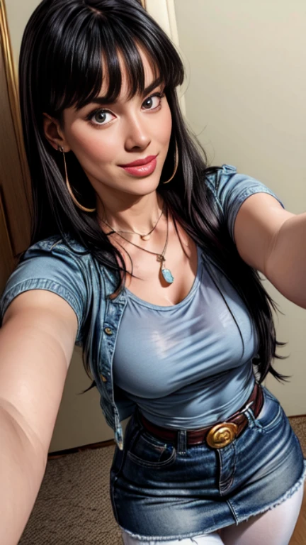 1woman 30year old, solo, long straight black hair, bangs,looking at viewer, detailed eyes, shy smile,jewelry, medium breasts, earrings,belt, blue denim jacket over tight pink t-shirt,mini skirt,sheer white pantyhose,necklace, bracelet, lips,((selfie pose)),((dynamic angle)),