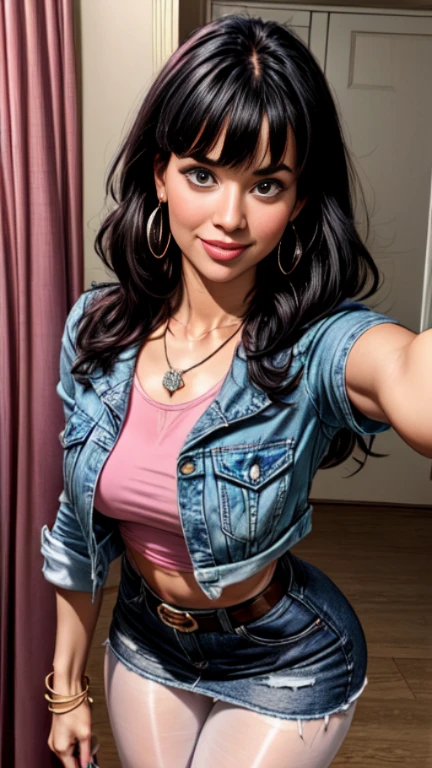 1woman 30year old, solo, long straight black hair, bangs,looking at viewer, detailed eyes, shy smile,jewelry, medium breasts, earrings,belt, blue denim jacket over tight pink t-shirt,mini skirt,sheer white pantyhose,necklace, bracelet, lips,((selfie pose)),((dynamic angle)),