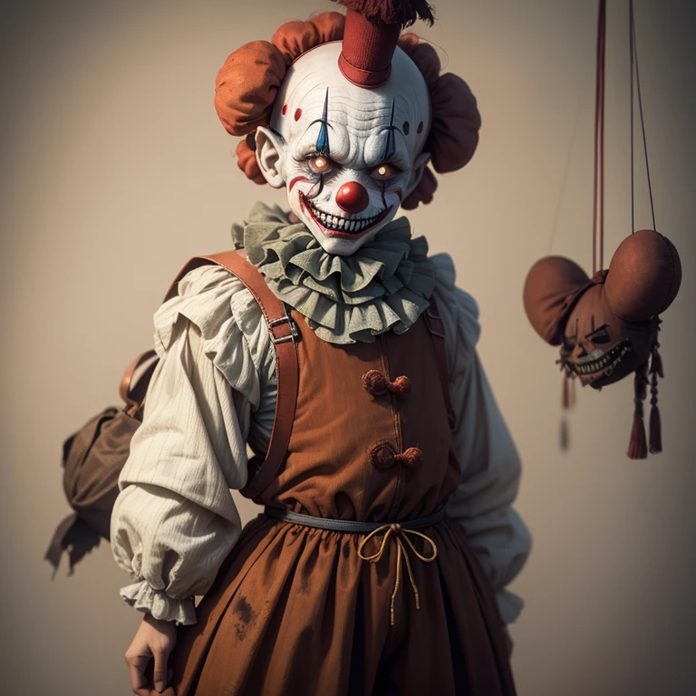 A grimy, industrial clown with oil-stained clothes, metal mask, and smoke-belching machinery, set in a post-apocalyptic wasteland