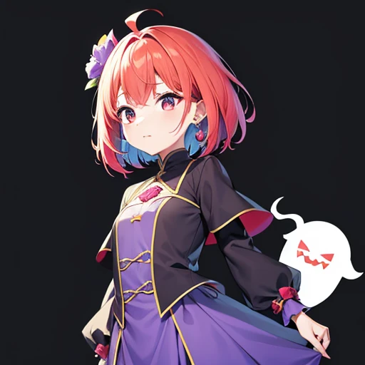 超A high resolution, Hmph, Best aesthetics, Redhead、Laughter、highest quality, Tabletop, Flat avatar, Perfect lighting、(colorful、Bright colors: 1.4)、Ahoge、Whole Body Ezbian, Peony hair ornament, short hair、 I'm shy, Laughter, 、Ahoge, Little, Simple Background, Earrings, gem, Side Lock, Large oval eyes,Flat avatar, Simple Background, Halloween Cosplay、Halloween Cosplay、Ghost Cosplay、Ghost Cosplay