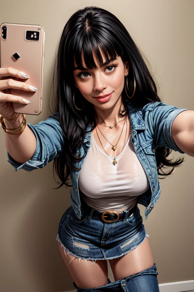 1woman 30year old, solo, long straight black hair, bangs,looking at viewer, detailed eyes, shy smile,jewelry, medium breasts, earrings,belt, blue denim jacket over tight beige t-shirt,mini skirt,sheer white pantyhose,over the knee boots, necklace, bracelet, lips,((selfie pose)),((dynamic angle)),