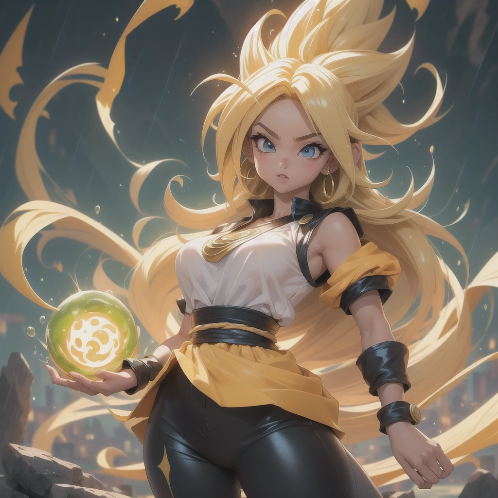 {((foto de corpo inteiro, flat feet, Corpo reto, Estilo Anime de Dragon Ball))}, {((Laura/Female, seios grandes, extremamente bonito))}, ((Instinto Superior Super Saiyajin)) {(( ela se transforma em um Super Saiyan vestindo um traje de Goku/extremamente apertado em seu corpo, emanating a golden magical aura circulating furiously around his body))}. Fundo, city completely destroyed at night raining heavily. Their clothes are soaked in water, {(she is looking at the viewer, sorridente, punhos cerrados, Concentrating Magical Aura, em pose de ataque frontal)}. Dragon Ball, alto detalhe, anime, 16K, Ultra HD, retina, retina, preciso, Anatomicamente Correto, pele texturizada, super detalhe, alta qualidade, premiado