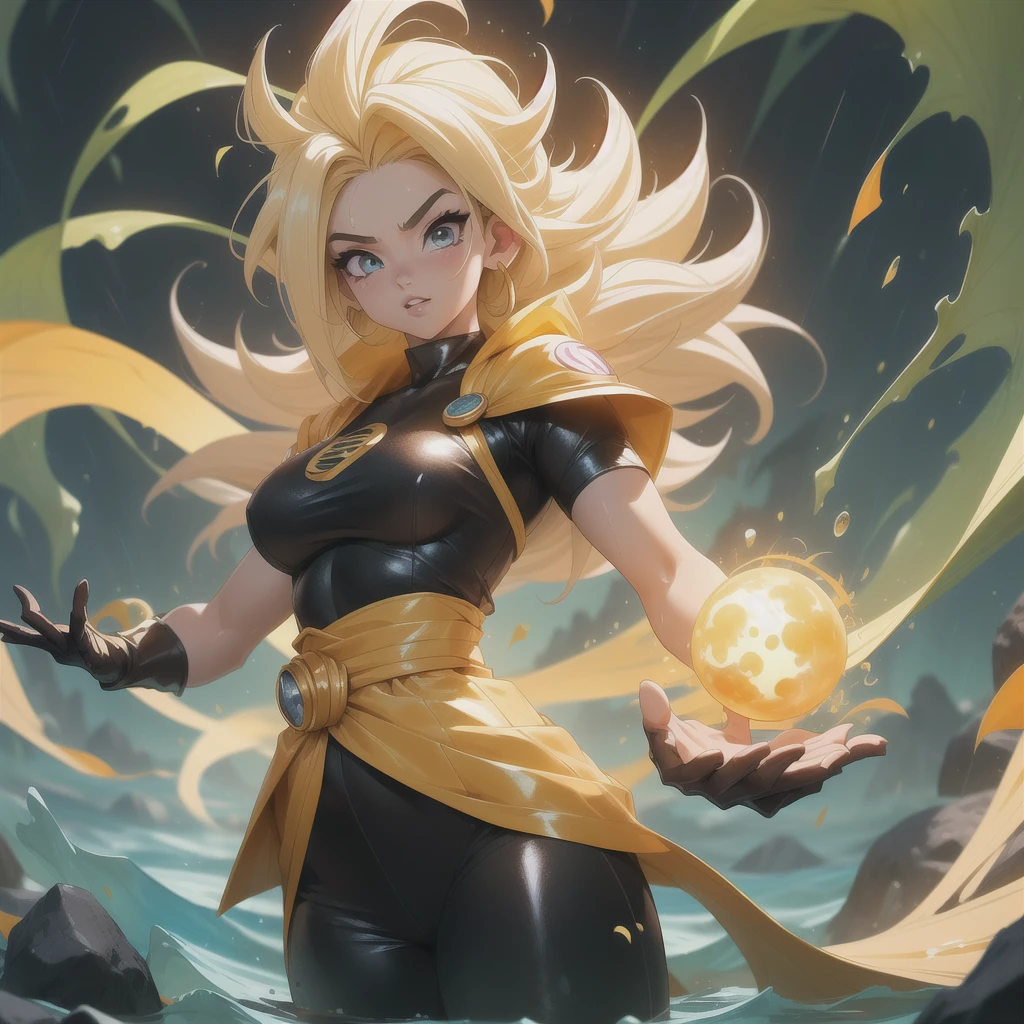 {((foto de corpo inteiro, flat feet, Corpo reto, Estilo Anime de Dragon Ball))}, {((Laura/Female, seios grandes, extremamente bonito))}, ((Instinto Superior Super Saiyajin)) {(( ela se transforma em um Super Saiyan vestindo um traje de Goku/extremamente apertado em seu corpo, emanating a golden magical aura circulating furiously around his body))}. Fundo, city completely destroyed at night raining heavily. Their clothes are soaked in water, {(she is looking at the viewer, sorridente, punhos cerrados, Concentrating Magical Aura, em pose de ataque frontal)}. Dragon Ball, alto detalhe, anime, 16K, Ultra HD, retina, retina, preciso, Anatomicamente Correto, pele texturizada, super detalhe, alta qualidade, premiado