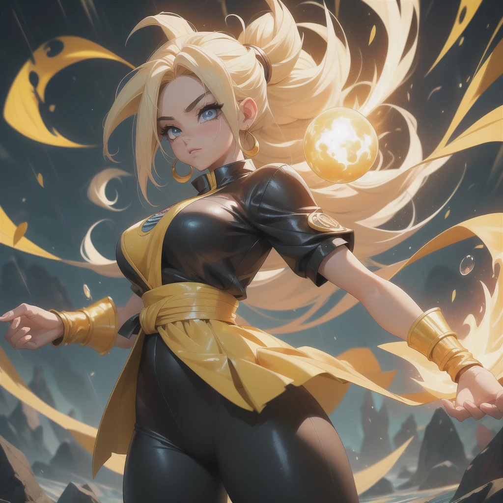 {((foto de corpo inteiro, flat feet, Corpo reto, Estilo Anime de Dragon Ball))}, {((Laura/Female, seios grandes, extremamente bonito))}, ((Instinto Superior Super Saiyajin)) {(( ela se transforma em um Super Saiyan vestindo um traje de Goku/extremamente apertado em seu corpo, emanating a golden magical aura circulating furiously around his body))}. Fundo, city completely destroyed at night raining heavily. Their clothes are soaked in water, {(she is looking at the viewer, sorridente, punhos cerrados, Concentrating Magical Aura, em pose de ataque frontal)}. Dragon Ball, alto detalhe, anime, 16K, Ultra HD, retina, retina, preciso, Anatomicamente Correto, pele texturizada, super detalhe, alta qualidade, premiado