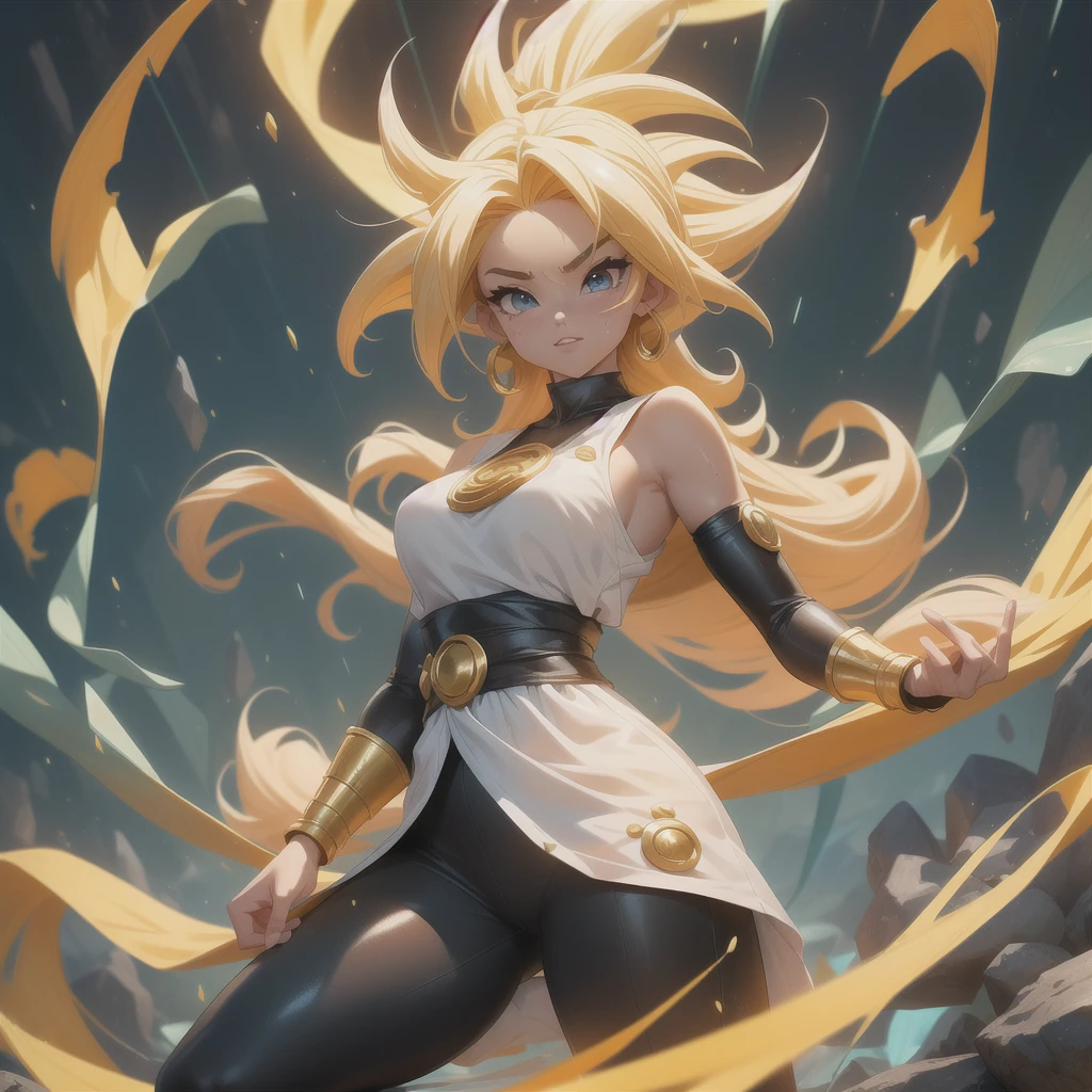 ((Full body photo, feet on the ground, straight body, Dragon Ball Anime)), ((Laura/woman, big breasts, extremely beautiful)), ((Super Saiyan Superior Instinct)) {transformed into Super Saiyan} wearing Goku 's costume/extremely tight on body, emanating golden magic aura circling furiously around the body. Background, completely destroyed city at night raining hard. Her outfit is soaked in water, she's staring at the viewer, smiling, fists clenched, concentrating magical aura, in a front-facing attack pose. Anime Dragon Ball, high detail, anime, 16k, UHD, retina, retina, ccurate, anatomically correct, textured skin, super detail, high quality, award winning