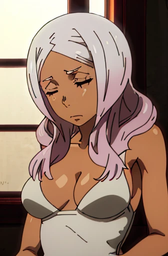 A tanned-skinned anime girl lies despondently on the ground, her hand cradling her abdomen in agony. Her fabric revealing the faint outlines of her ribs. Long sun-kissed locks cascade around her face, concealing it from view. Her despairing expression, etched with lines of hunger and suffering, speaks of a life devoid of sustenance. The sunlight filters through the foliage above, bathing her emaciated figure in a warm, golden glow that accentuates the definition of her bones. The bikini top covers her busts, leaving little to the imagination, she lying down on the forest floor with her eyes closed in immense pain and suffering from hunger