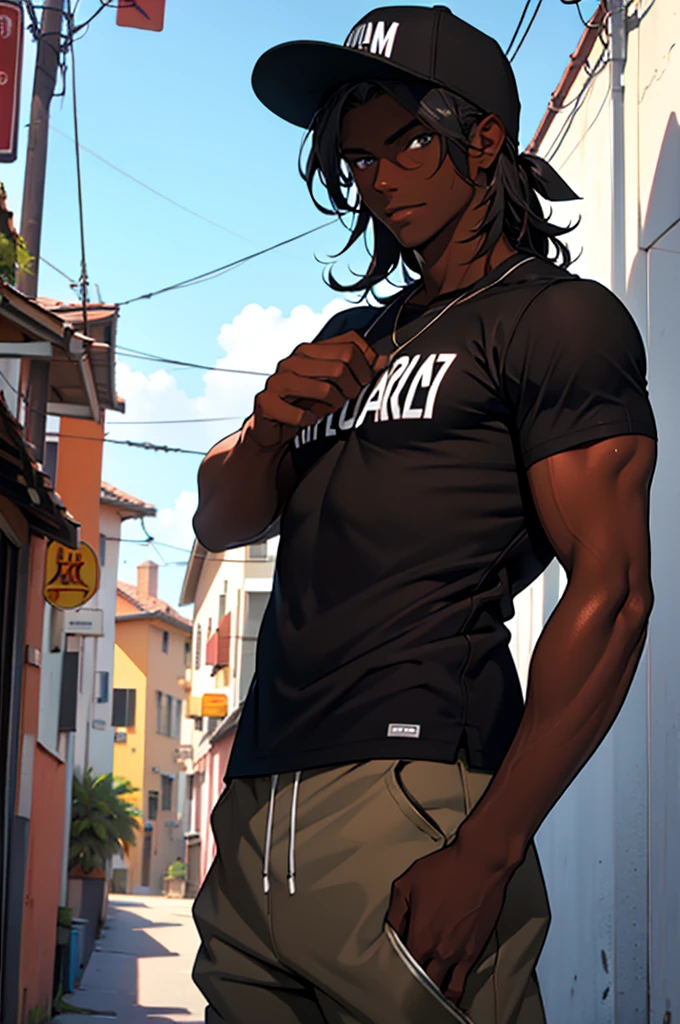 (19 year old dark skinned man, de cabello negro,con gorra)