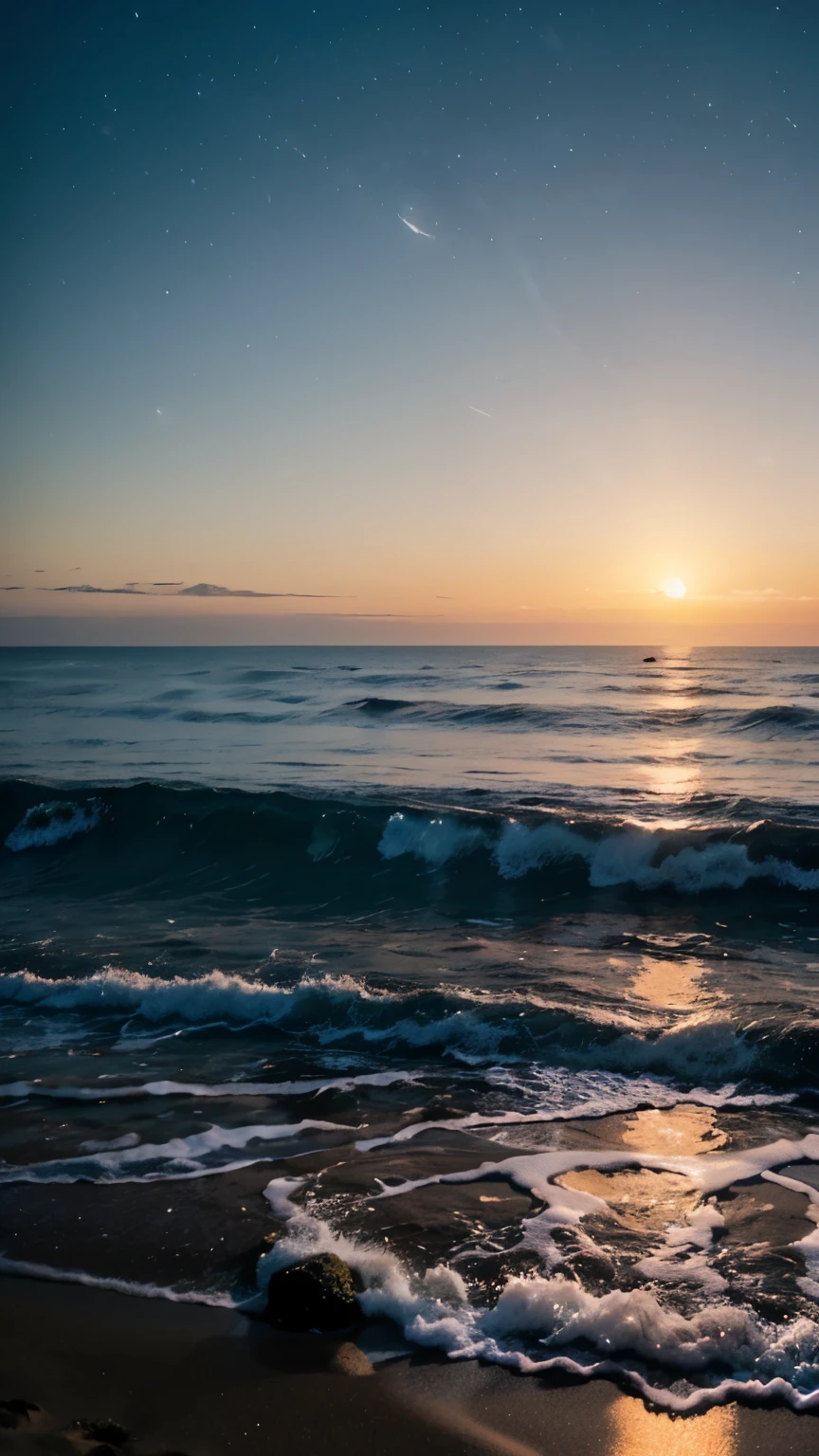 View of a beach with a bird flying in the sky, refracted moon on the ocean, moonlit ocean, night sea, at beach at sunset, sitting on the beach at night, the night sky is a sea, taken with sigma 2 0 mm f 1. 4, on the beach during sunset, edited, ocean pattern and night sky