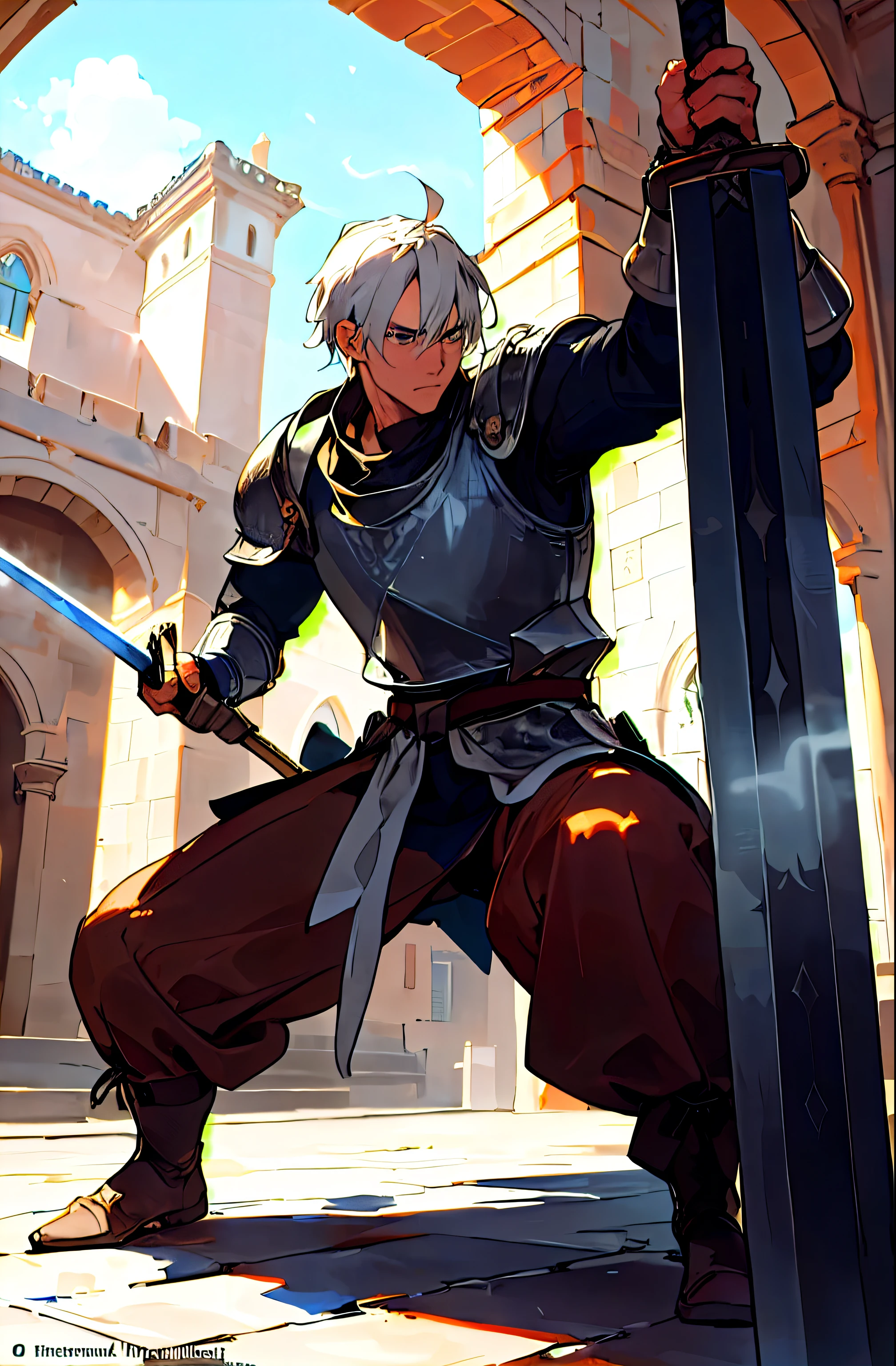 Best image quality, High resolution, 8k, realistic representation down to the smallest detailCreate an illustration featuring Eric, a 20-year-old young man, in a training posture with his sword in a courtyard dedicated to knights' training. Eric is tall and strong, with tousled white hair framing his face and piercing blue eyes. Eric is dressed in a loose shirt and brown pants, typical of the attire worn by knights during their training. He also wears sturdy boots that give him an imposing and determined appearance. In the image, Eric is depicted standing in the training courtyard, firmly holding his sword in one hand. His facial expression is focused and determined, showing his total commitment to his knight training. He faces an imaginary opponent, ready to face any challenges that come his way. In addition to his strength and determination, Eric is described as very handsome, with a natural charm that draws attention. His appearance attracts gazes and gives him an aura of mystery and allure. The background of the illustration is that of a typical training courtyard for knights, with training dummies, armor hanging on the walls, and other training equipment. The scene is lit by daylight, adding a dynamic atmosphere to the image. The image should capture Eric's strength, determination, beauty, and concentration during his training, as well as the lively and energetic atmosphere of the knights' training courtyard.
