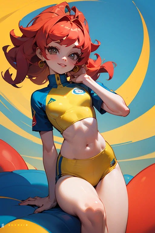 ((mejor calidad)), ((Obra maestra)), (detallado), cara perfecta, chica, femenina, delgada, small breasts, curvilinear, estatura promedio, ropa deportiva, ojos color gris, long eyelashes, mejillas rosadas, labios rosados, sonriente, cabello rojo, pelirroja, cabello desordenado