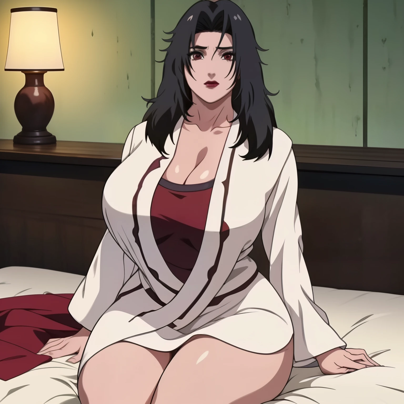 (Masterpiece, High Quality, 1 woman - Kurenai Yuhi, Olive oil slicked, shiny, wet, sweating skin, Huge Breasts, White silk, long-sleeved, buttoned-up shirt, Full body shot, Laying on bed)

Kurenai Yuhi's olive oil-slicked, shiny, sweaty skin glistened under the soft candlelight as she lay on the bed, her huge breasts heaving with each breath. Her white silk shirt, with long sleeves that concealed her forearms, was buttoned up to the neck, revealing only a hint of her cleavage. The full of Lust, Dark smokey Eyes, red Lipstick