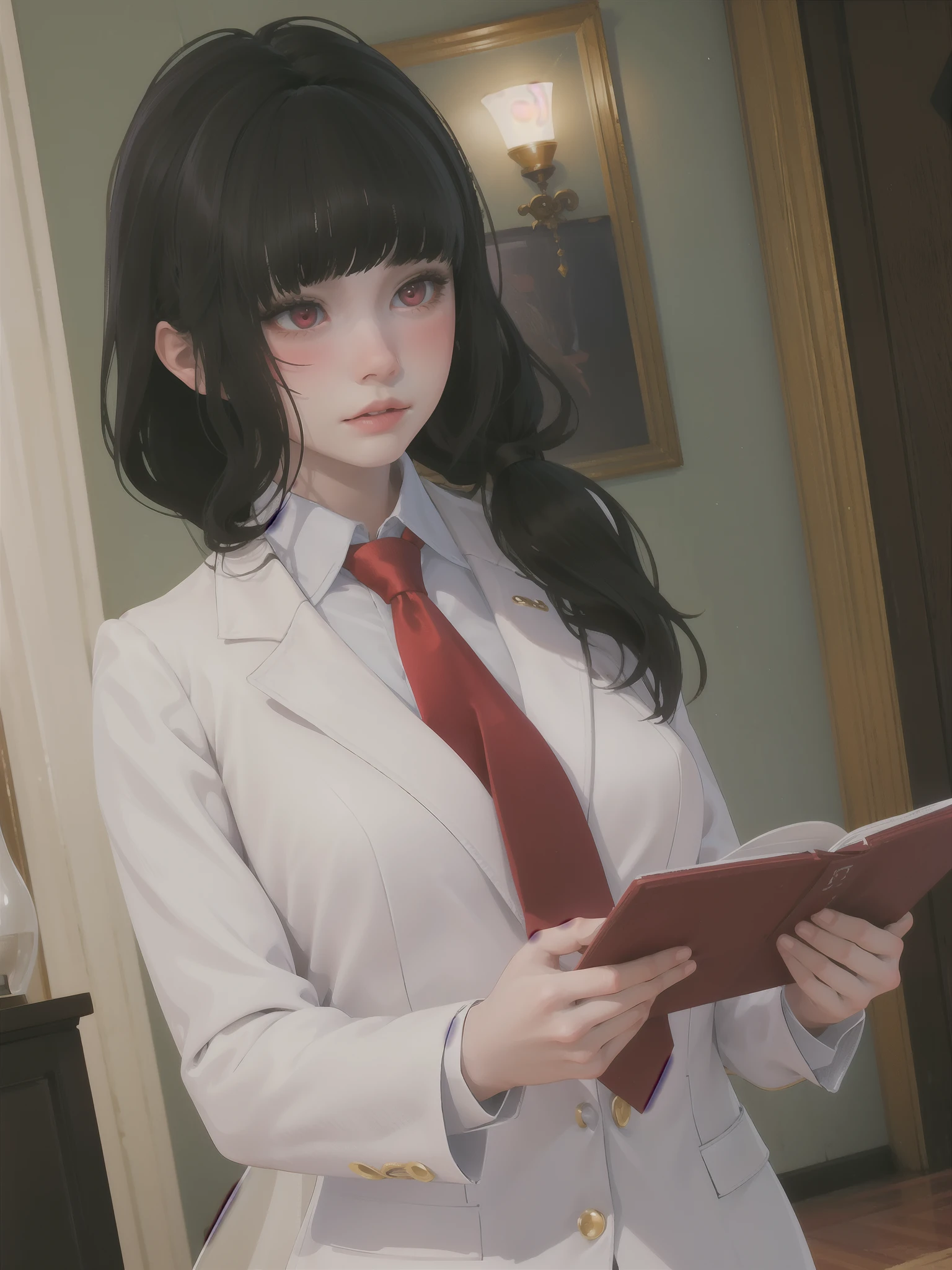 masterpiece, highly detailed, best quality, beautiful lighting, 1girl, solo, Luna, black hair, red eyes, long hair, blunt bangs, blush, blazer, red tie 