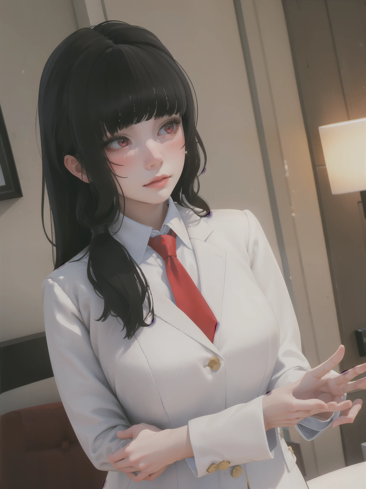 masterpiece, highly detailed, best quality, beautiful lighting, 1girl, solo, Luna, black hair, red eyes, long hair, blunt bangs, blush, blazer, red tie 