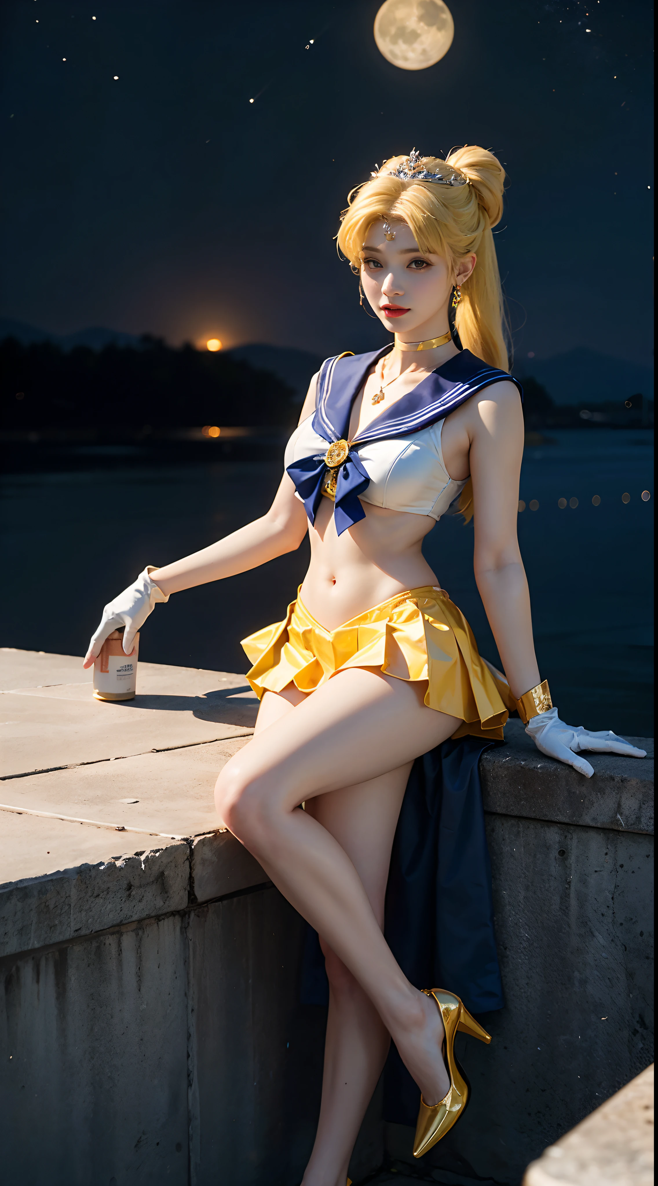 ((masterpiece:1.4)、(top quality:1.4)、(realistic:1.7))、piece of chewing gum:1.4、beautiful girl、(Sailor Moon:1.4)、Tsukino Usagi、Sexy Sailor Senshi Body Uniform、(shiny latex)、(The jacket is a white sleeveless sailor jacket.)、(Skirt Blue sexy ultra ultra pleated mini skirt)、Blue sailor collar with two thin lines..、high leg swimsuit、Red fabric pattern on chest.、(Wearing white gloves)、Kawaii girl、super beauty、sharp focus、Portrait photographs、(Ideal female body:1.4)、perfect proportions、Upper body photo:1.4、Beautiful face、beautiful eyes、slim waist、beauty of feet、(yellow hair:1.4)、(hair length:1.2)、Beautiful udder、large full breasts:1.2、sexy ass、raw photo、Red lips、Red high heels:1.4、necklace:1.4、necklace:1.4、earrings:1.4、Luxurious gold tiara:1.4、1 display screen、Moon、space、spaceships、space station、city of the future