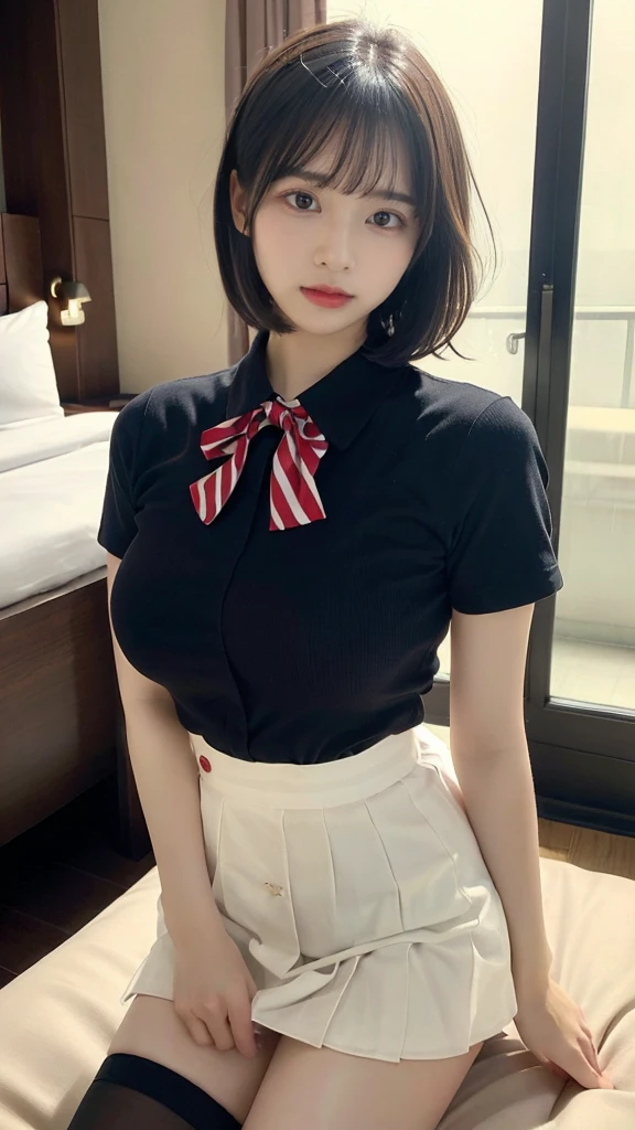 muste piece, best quality, illustration, Super detailed, fine details, High resolution, 8K,wall paper, perfect dynamic composition,(Details High quality, realistic depiction of eyes:1.3), (collared shirt:1.1), pleated skirt, big breasts, short bob hair、black hair color, Big Natural Color Lip, bold sexy pose, crying a little、cold gaze, Harajuku style、20 year old girl、cute type、lolita、beautiful legs, hotel room, gravure idol, Voluptuous thighs